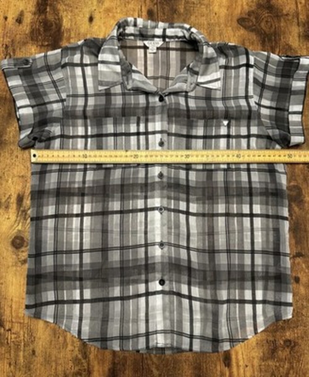 GUESS Vintage-Style Gray Plaid Short Sleeve Sheer Button-Down Shirt #370
